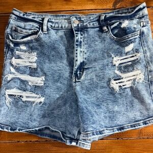 Flying Monkey Distressed Denim Shorts Women 34 (Fit 36x5) Blue Acid Wash Hi Rise